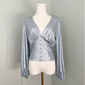 Anthropologie FLAT WHITE Metallic Button Front Blouse in Silvery Blue